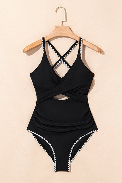 Beau Blue Ric Rac Trim Contrasted Patchwork Cutout One Piece Swimsuit
