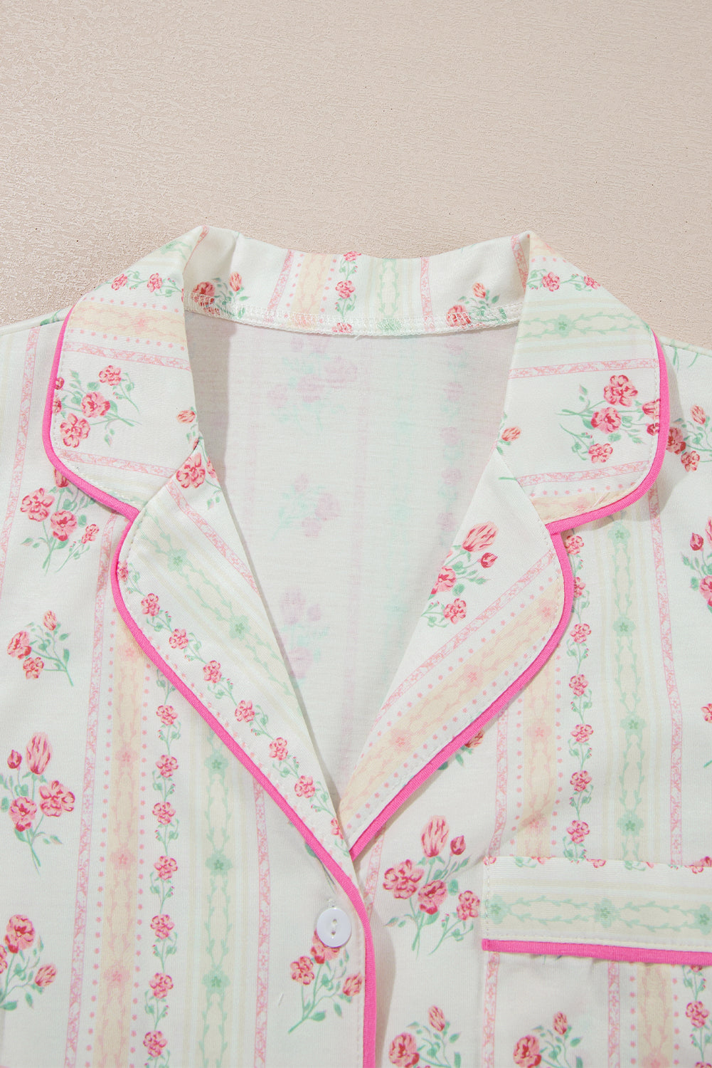 Beige Bow Fruit Print Contrast Pipping Short Pajamas Set