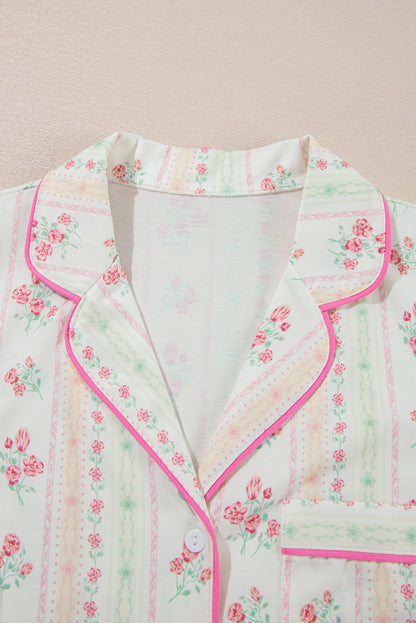 Beige Bow Fruit Print Contrast Pipping Short Pajamas Set