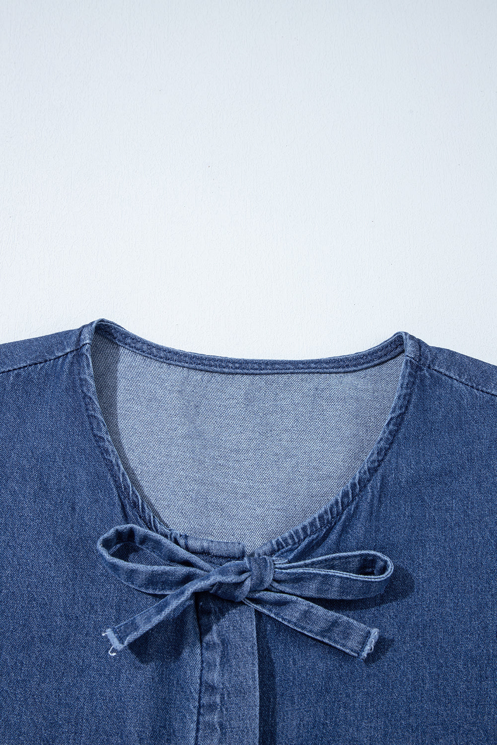 Sail Blue Tied Front Bubble Sleeve Peplum Denim Shirt
