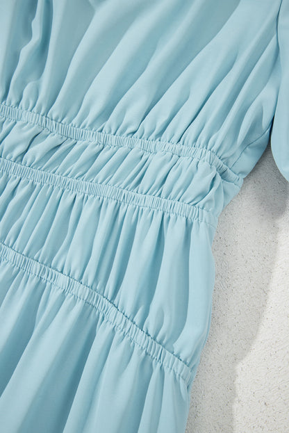 Black Puff Sleeve Pleated High Waist Flowy Long Dress