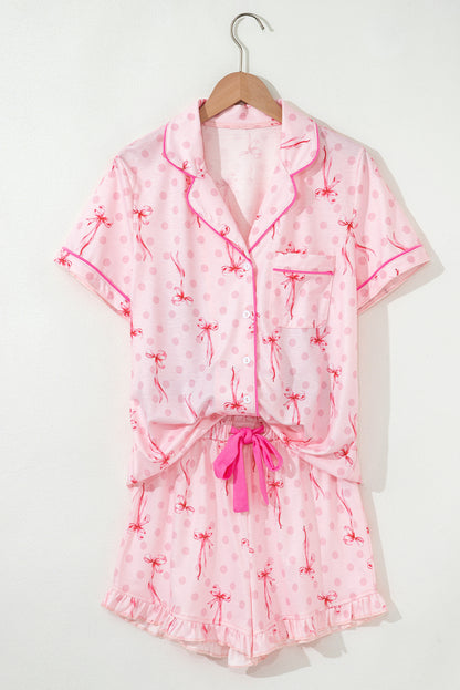 Beige Bow Fruit Print Contrast Pipping Short Pajamas Set