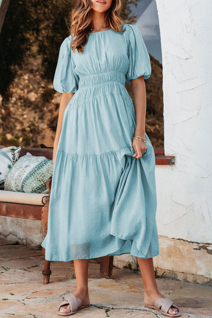 Black Puff Sleeve Pleated High Waist Flowy Long Dress