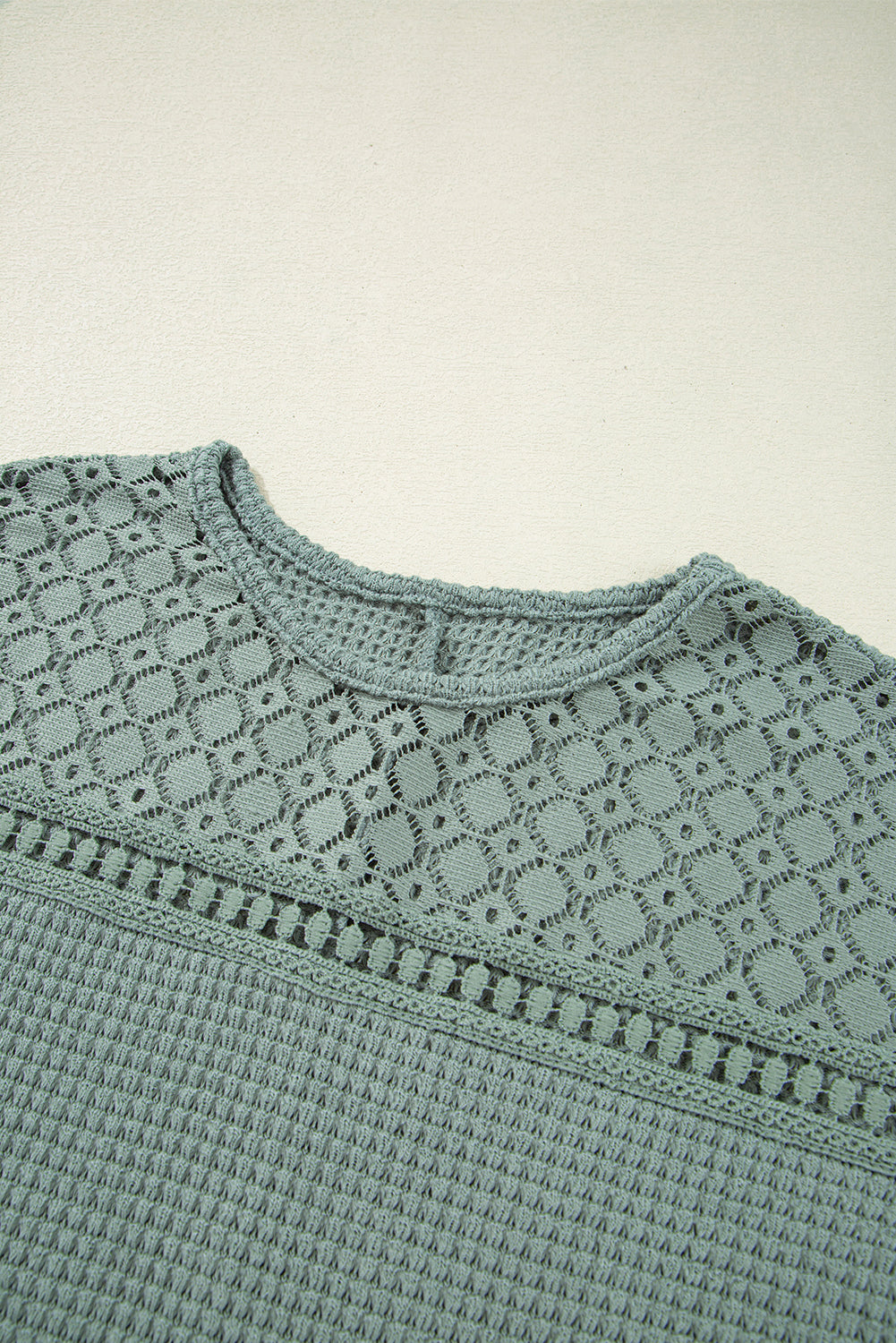 Oatmeal Lace Patchwork Waffle Short Sleeve Top