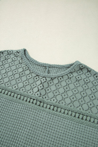 Oatmeal Lace Patchwork Waffle Short Sleeve Top