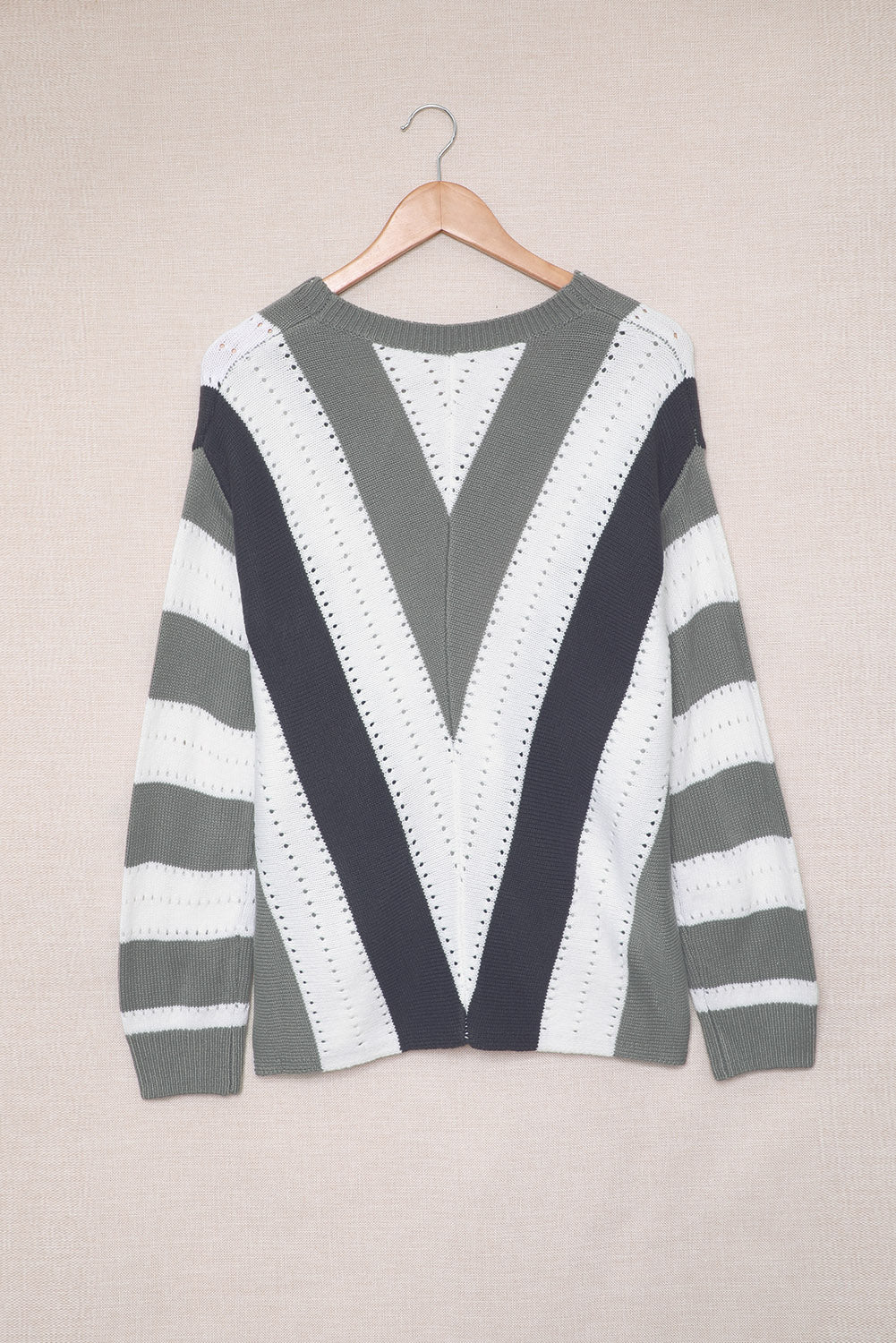 Gray Striped Colorblock V Neck Knitted Sweater