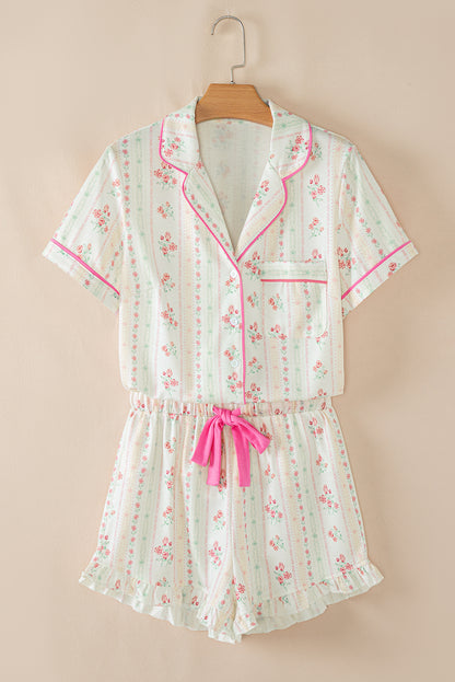 Beige Bow Fruit Print Contrast Pipping Short Pajamas Set