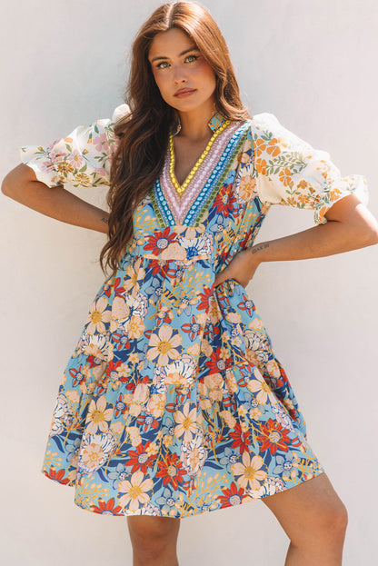Multicolour Boho Floral Print Crochet Patchwork V Neck Loose Mini Dress