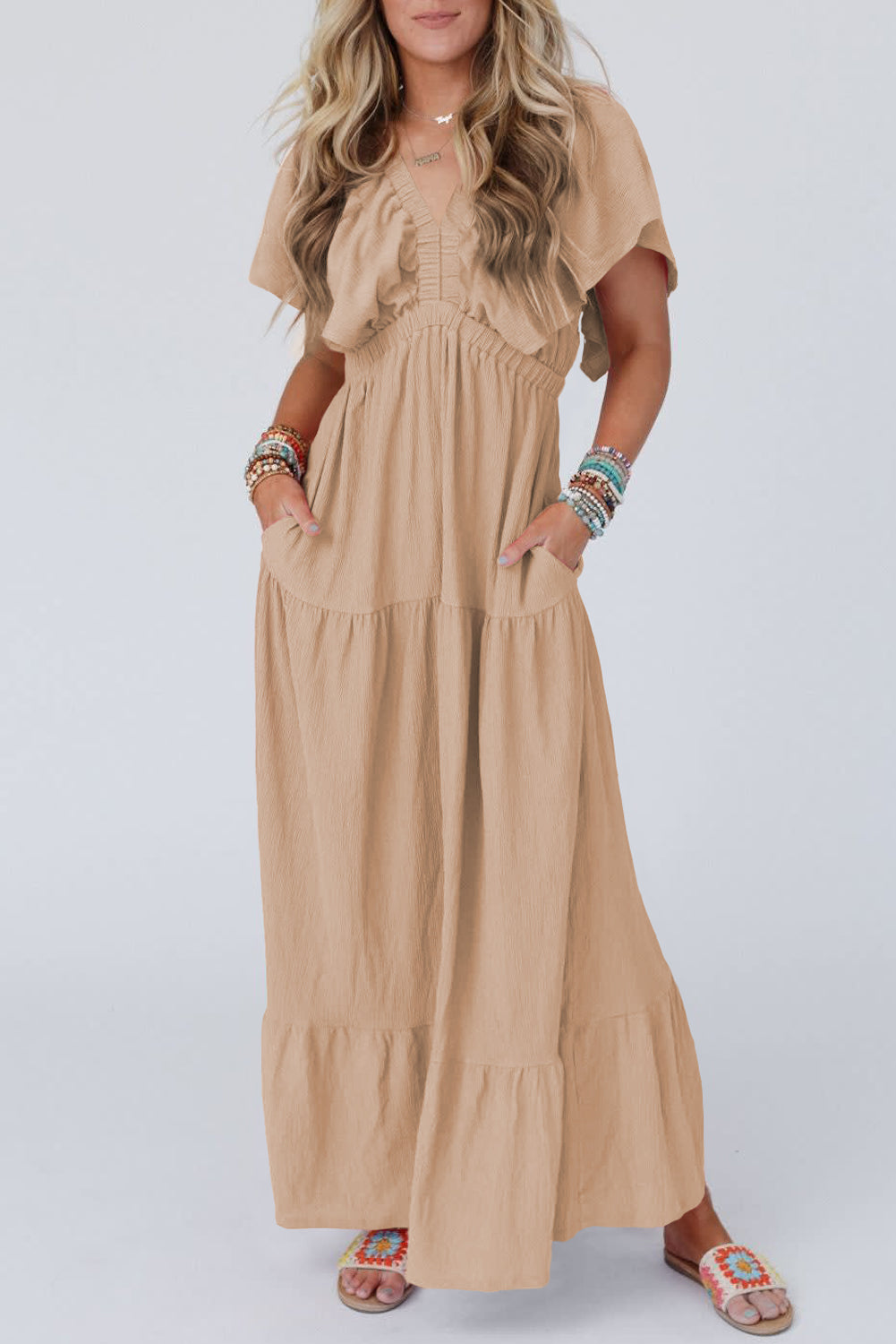 Grass Green Textured V Neck Flutter Sleeve Ruffled Maxi Dress