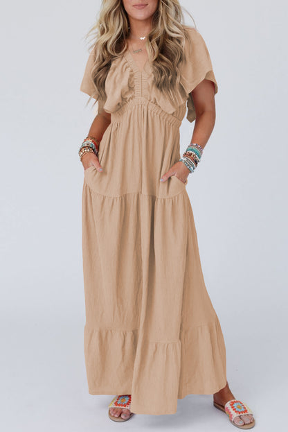 Grass Green Textured V Neck Flutter Sleeve Ruffled Maxi Dress