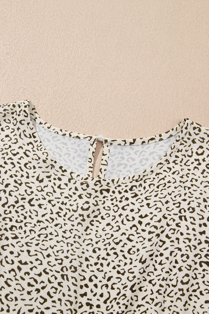 Beige Plus Size Leopard Print Frill Trim Short Sleeve Flared Dress