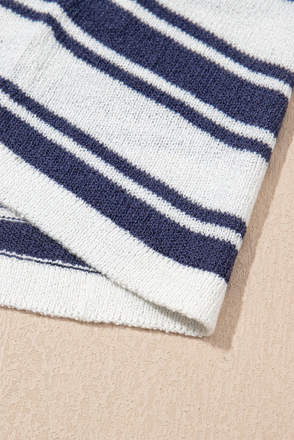 Dark Blue Stripe Collared Button V Neck Knitted T Shirt