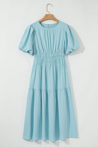 Black Puff Sleeve Pleated High Waist Flowy Long Dress