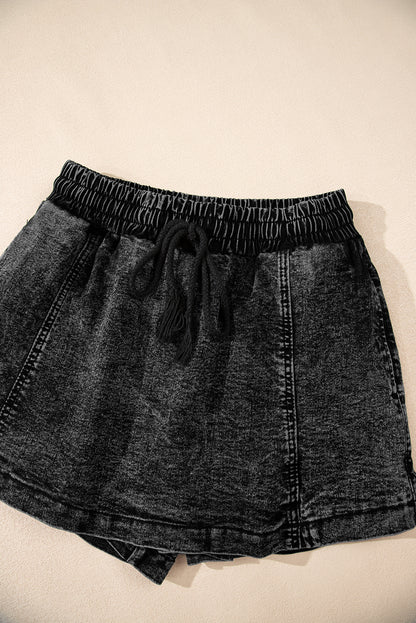 Dusk Blue Drawstring High Waist Pocketed Denim Shorts