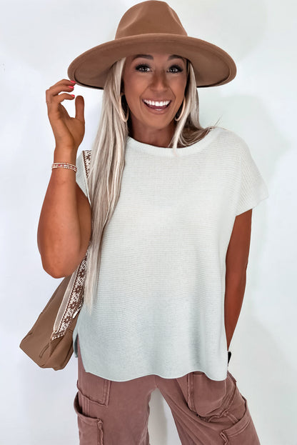 Black Solid Color Sweater Tee with Side Slits