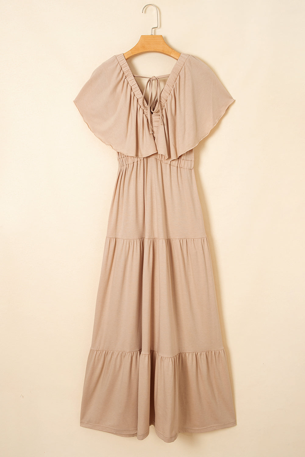 Grass Green Textured V Neck Flutter Sleeve Ruffled Maxi Dress