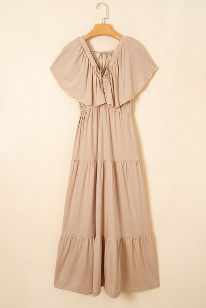 Grass Green Textured V Neck Flutter Sleeve Ruffled Maxi Dress