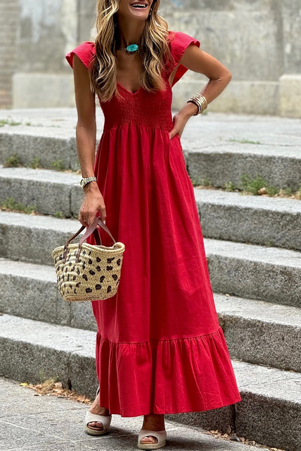 Pink V Neck Flutter Sleeve Smocked Bodice High Waist Ruffle Maxi Dress