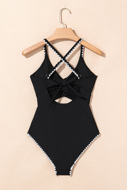 Beau Blue Ric Rac Trim Contrasted Patchwork Cutout One Piece Swimsuit