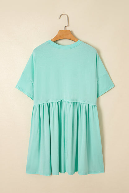 Sky Blue Solid Color Pocketed Raw Edge Babydoll Dress