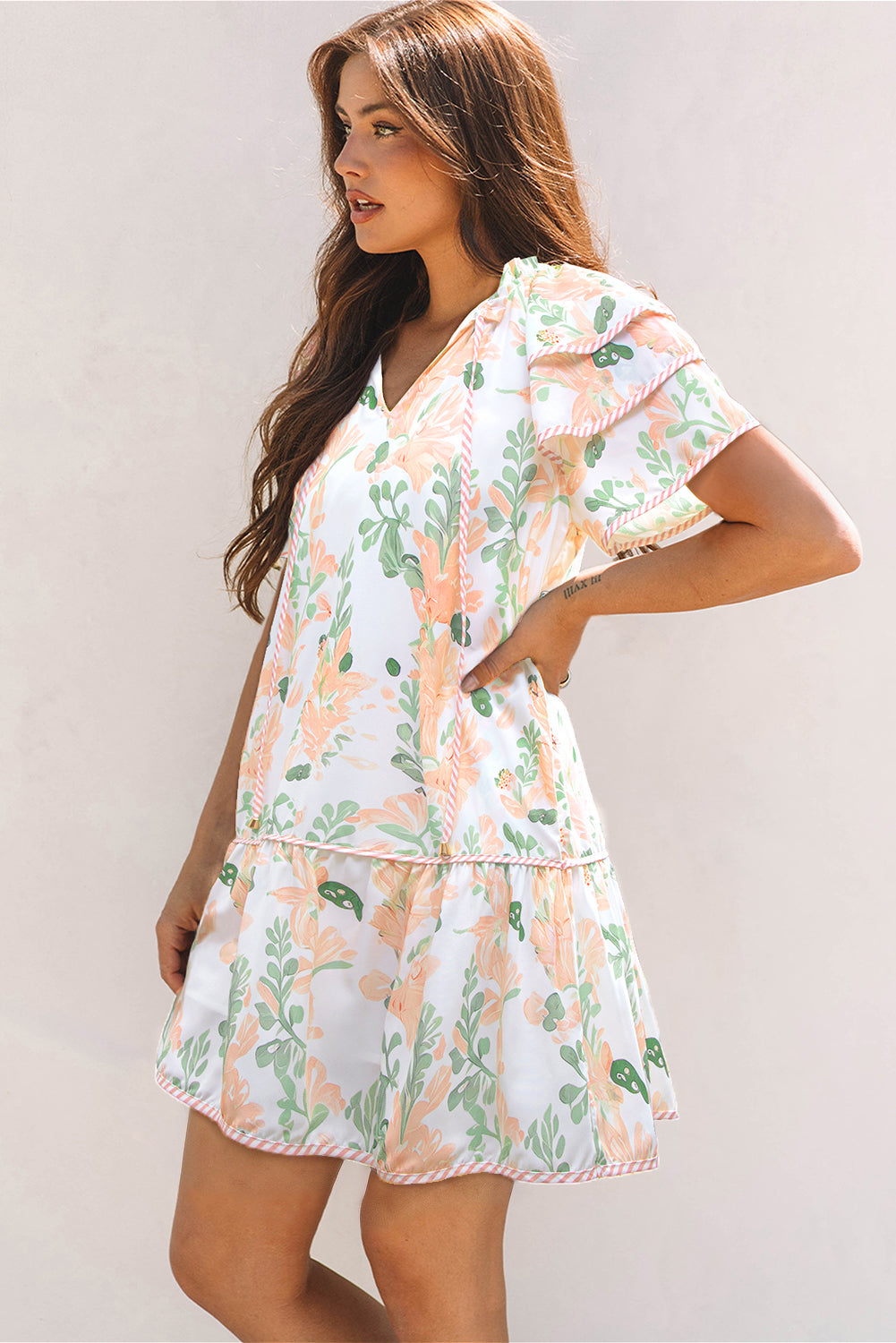 Sky Blue Floral Contrast Edge Layered Short Sleeve Mini Dress