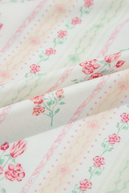 Beige Bow Fruit Print Contrast Pipping Short Pajamas Set