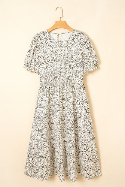 Beige Plus Size Leopard Print Frill Trim Short Sleeve Flared Dress