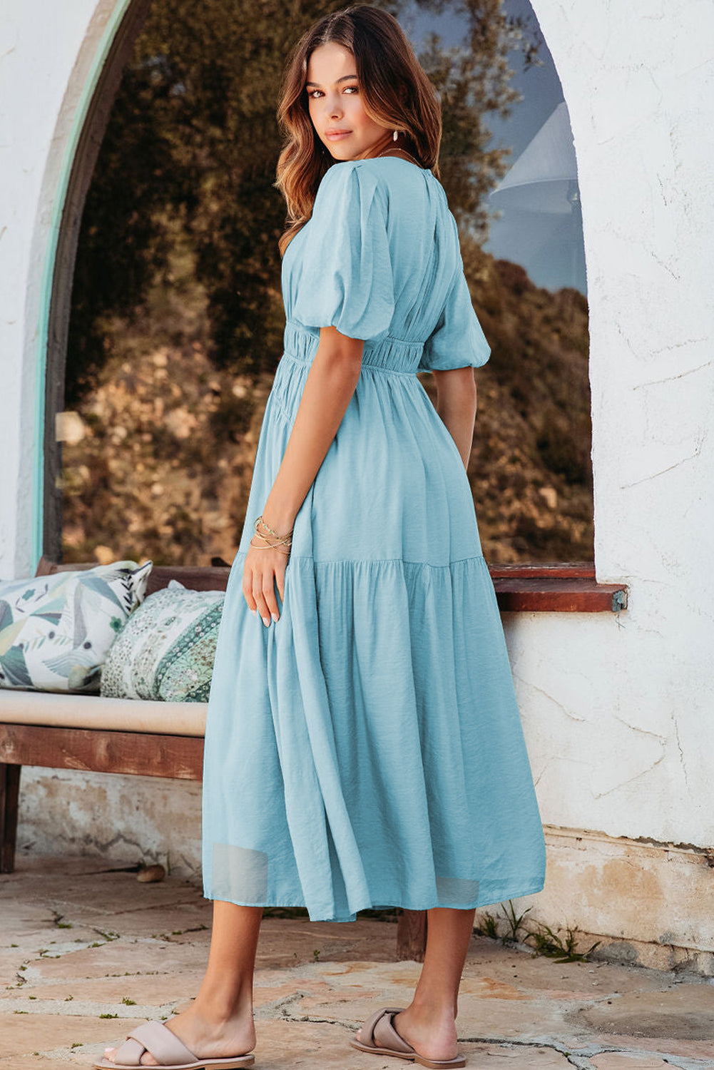 Black Puff Sleeve Pleated High Waist Flowy Long Dress