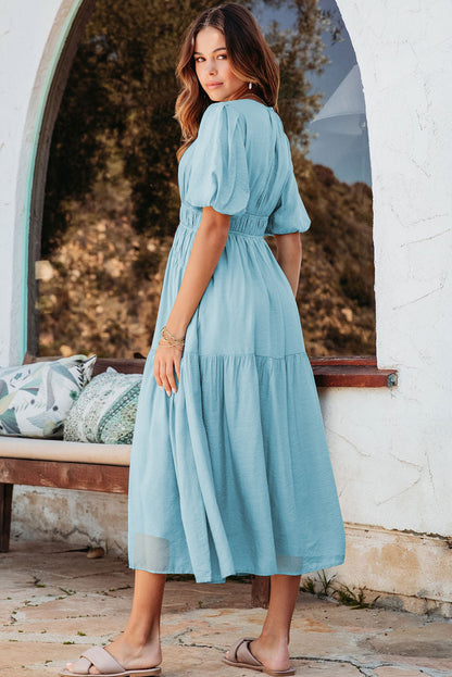 Black Puff Sleeve Pleated High Waist Flowy Long Dress