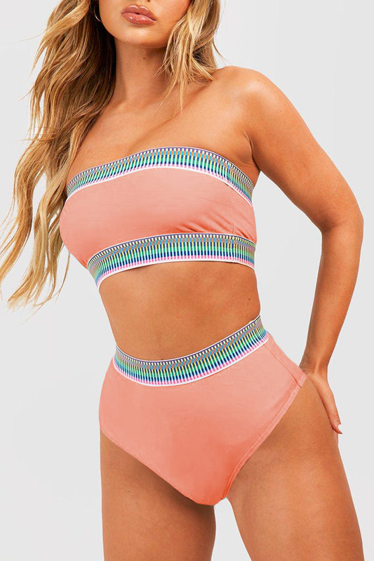 Peach Blossom Contrast Banding Tube Bikini High Waist 2pcs Swimsuit