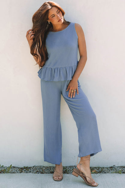 Duffel Green Solid Color Ribbed Ruffle Tank Top and Pants Set