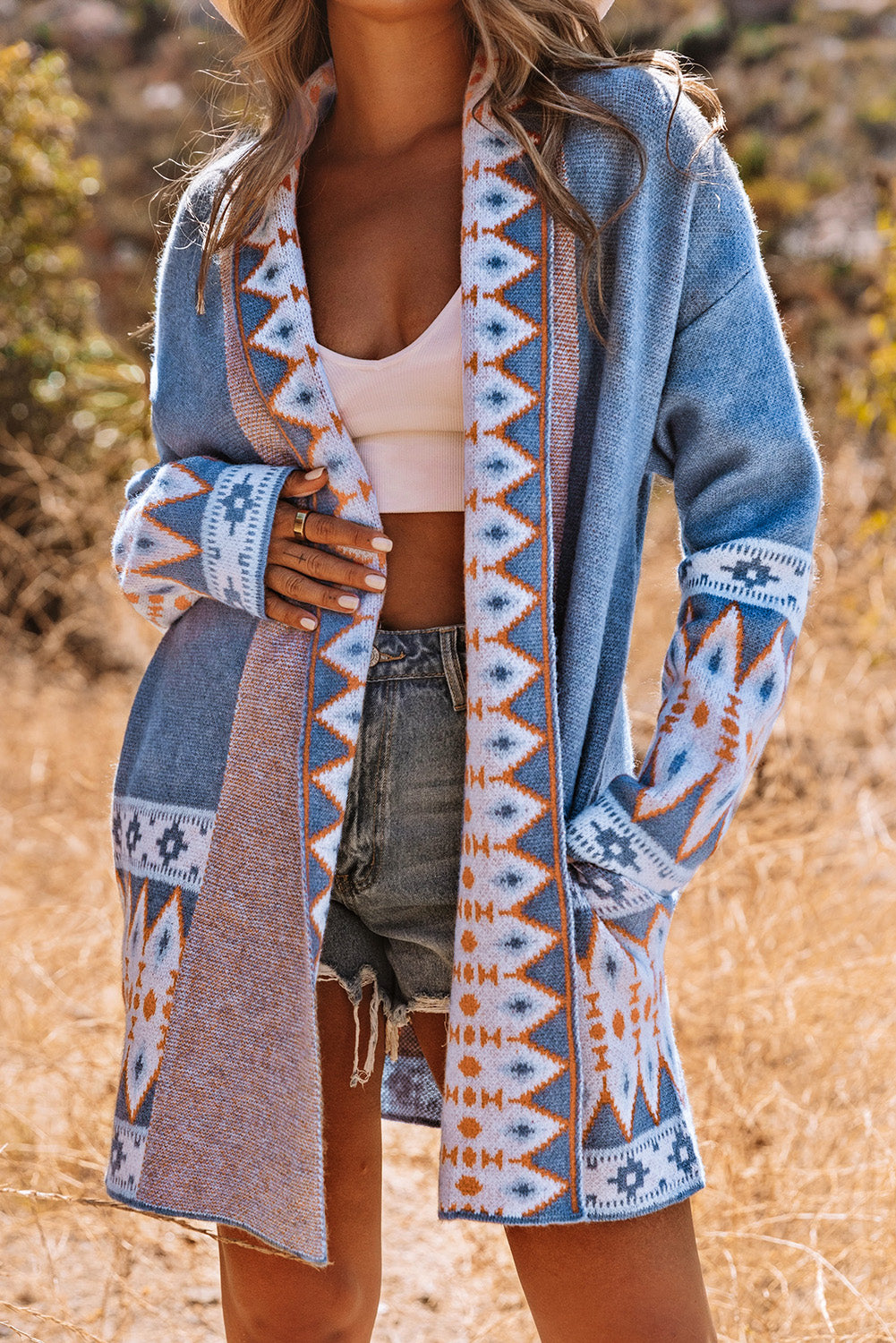 Blue Aztec Print Open Front Knitted Cardigan