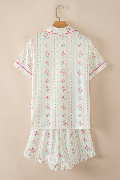 Beige Bow Fruit Print Contrast Pipping Short Pajamas Set