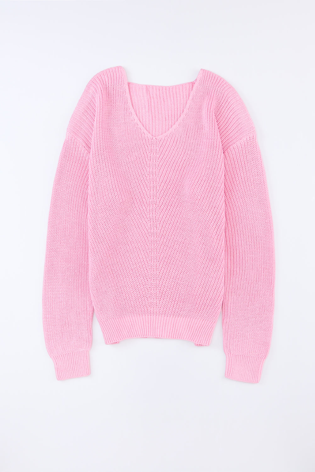 Pink Ribbed Knit V Neck Sweater