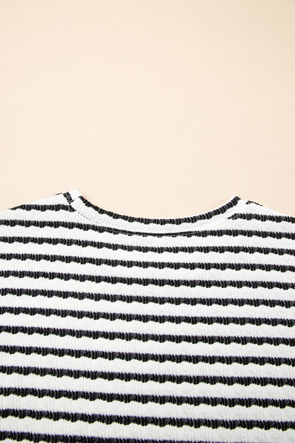 Sky Blue Stripe Knitted Short Sleeve Top and Drawstring Shorts Set