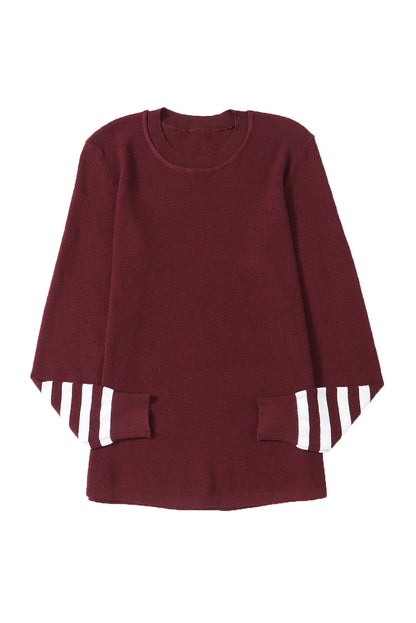 Red Striped Sleeve Plain Knit Sweater