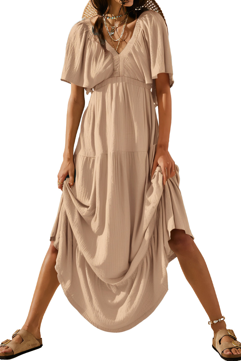Grass Green Textured V Neck Flutter Sleeve Ruffled Maxi Dress