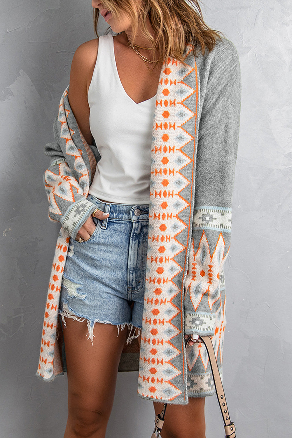 Gray Aztec Print Open Front Knitted Cardigan