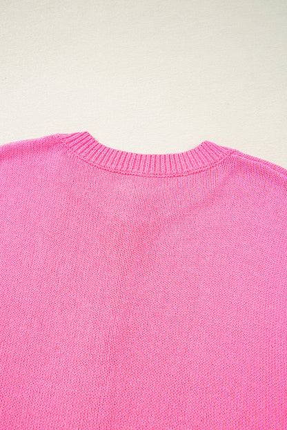 Bright Pink Distressed Hem Short Sleeve Knitted Button Front Sweater