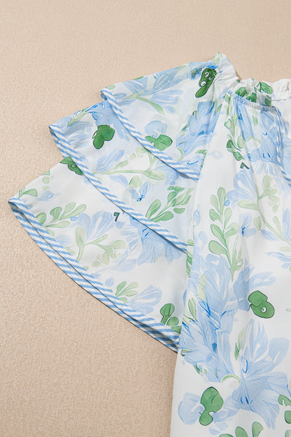 Sky Blue Floral Contrast Edge Layered Short Sleeve Mini Dress