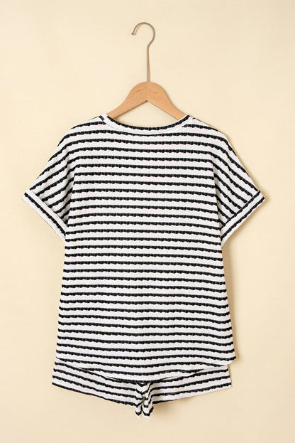 Sky Blue Stripe Knitted Short Sleeve Top and Drawstring Shorts Set