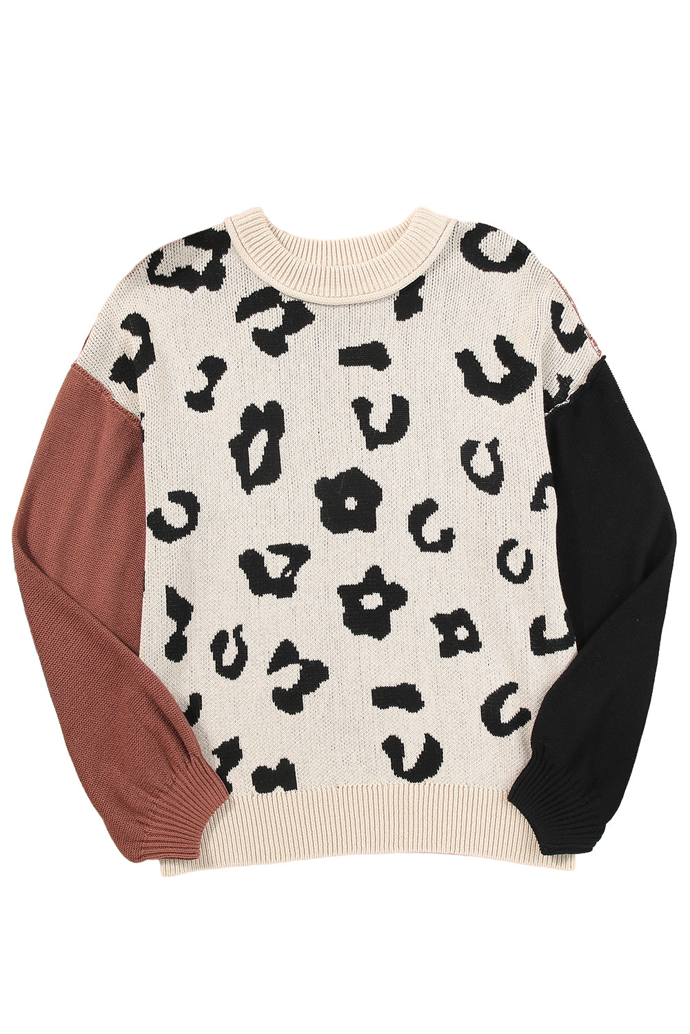 Coffee Leopard Print Colorblock Pullover Sweater