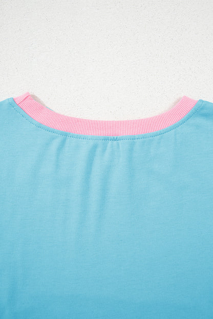 Turquoise Colorblock Edge Drop Shoulder T Shirt and Skirt 2Pcs Set