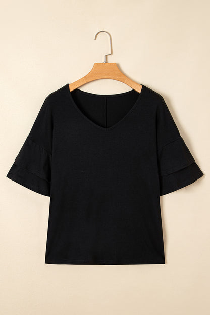 Sail Blue Solid Colour V-Neck Double Layer Sleeve Loose T-Shirt