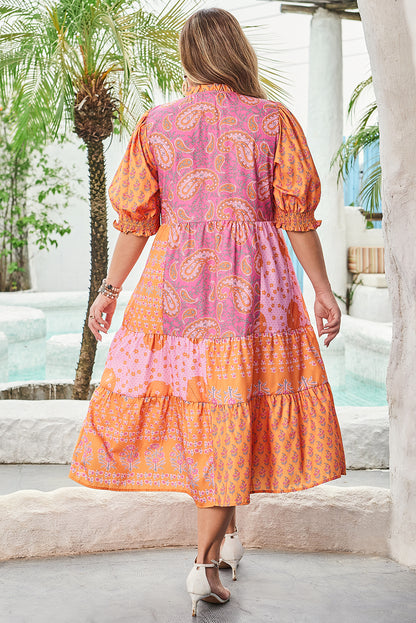 Pink Boho Paisley Floral Mixed Patchwork Tassel Tie Plus Size Midi Dress