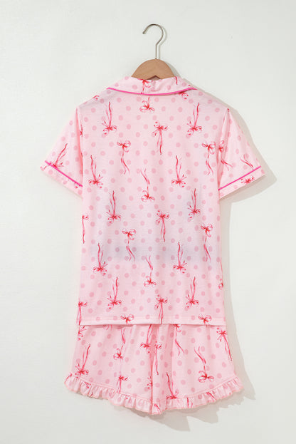 Beige Bow Fruit Print Contrast Pipping Short Pajamas Set