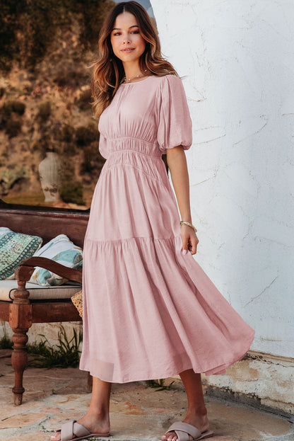 Black Puff Sleeve Pleated High Waist Flowy Long Dress