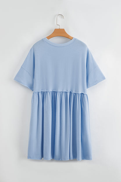 Sky Blue Solid Color Pocketed Raw Edge Babydoll Dress