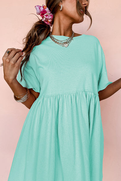 Sky Blue Solid Color Pocketed Raw Edge Babydoll Dress