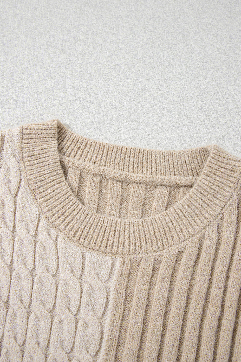 Khaki Cable Knit Colorblock Crew Neck Drop Shoulder Sweater